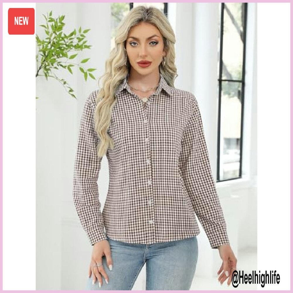 Women's Long Sleeve Button Down Shirt Cotton Loose Fit Blouse - Picture 4 of 8